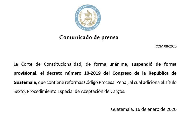 CC suspende Ley de Aceptación de Cargos CC suspende Ley de Aceptación de Cargos