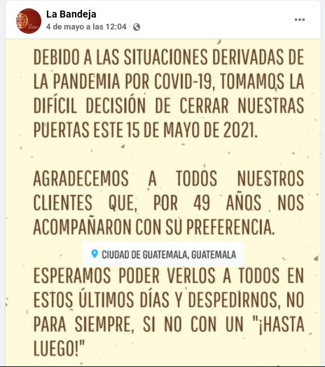 Restaurante cierra sus puertas el 15 de mayo por crisis del covid-19 Restaurante cierra sus puertas el 15 de mayo por crisis del covid-19